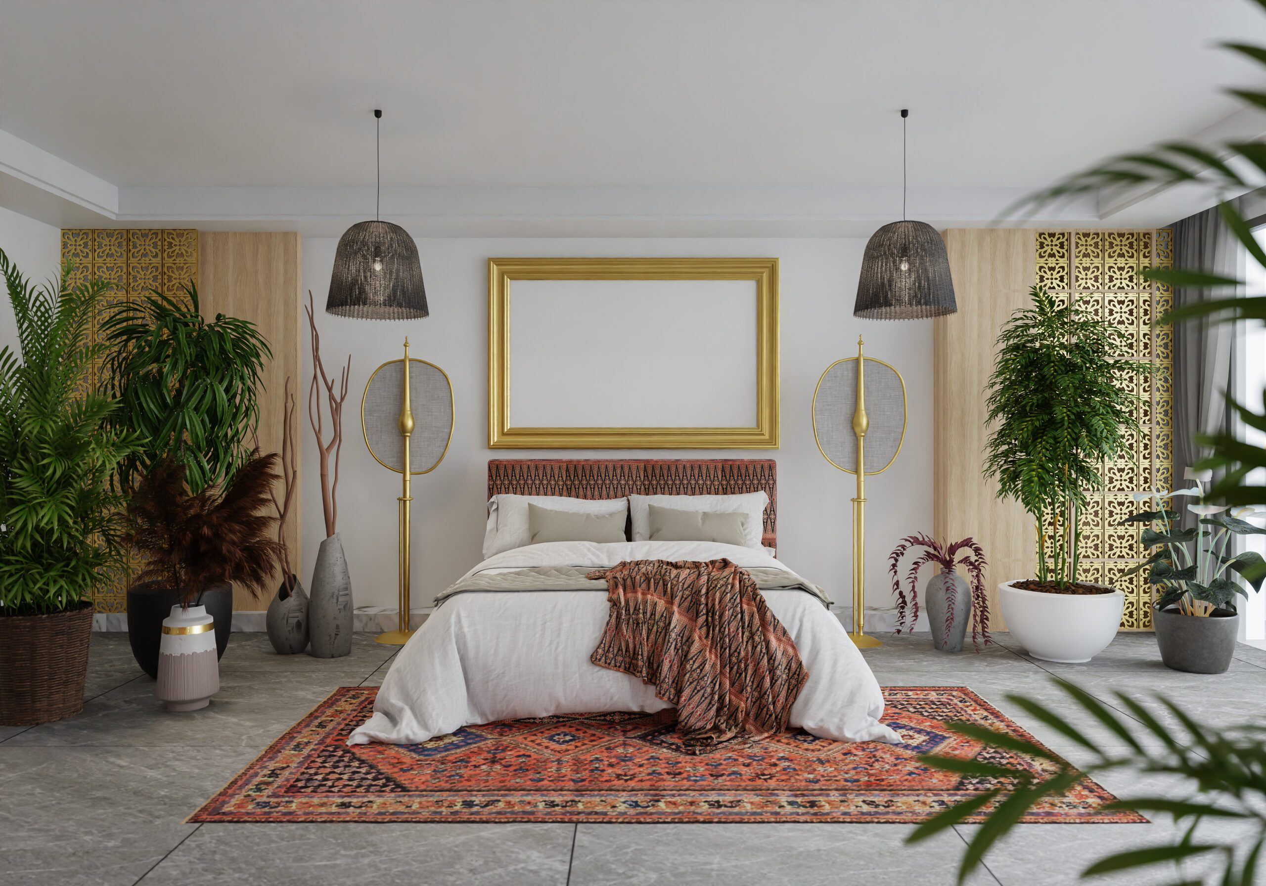 3D illustration Mockup photo frame in bedroom, rendering