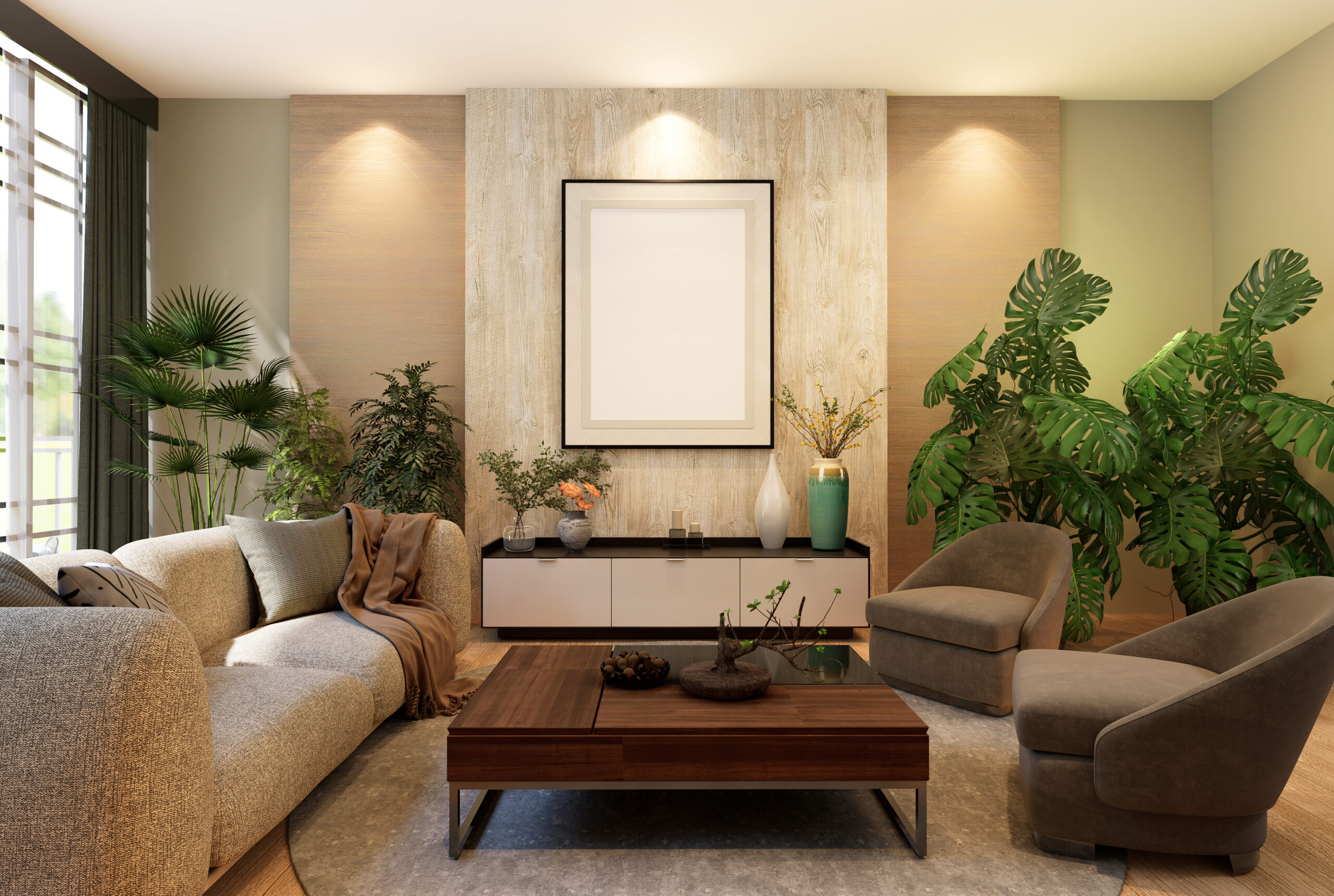 3D illustration Mockup photo frame in living room rendering