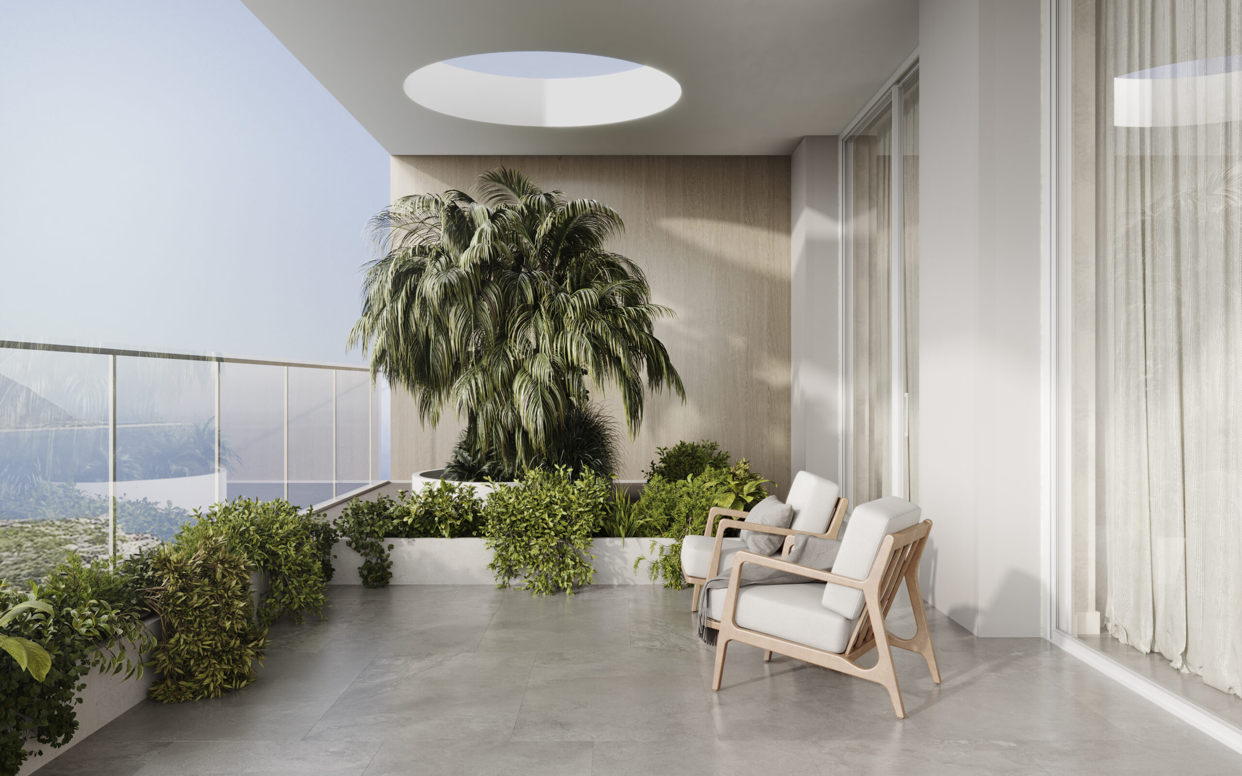 Balcony or veranda in a modern house or apartment with cozy armchairs, wood wall and plant, sunbeam, 3d render