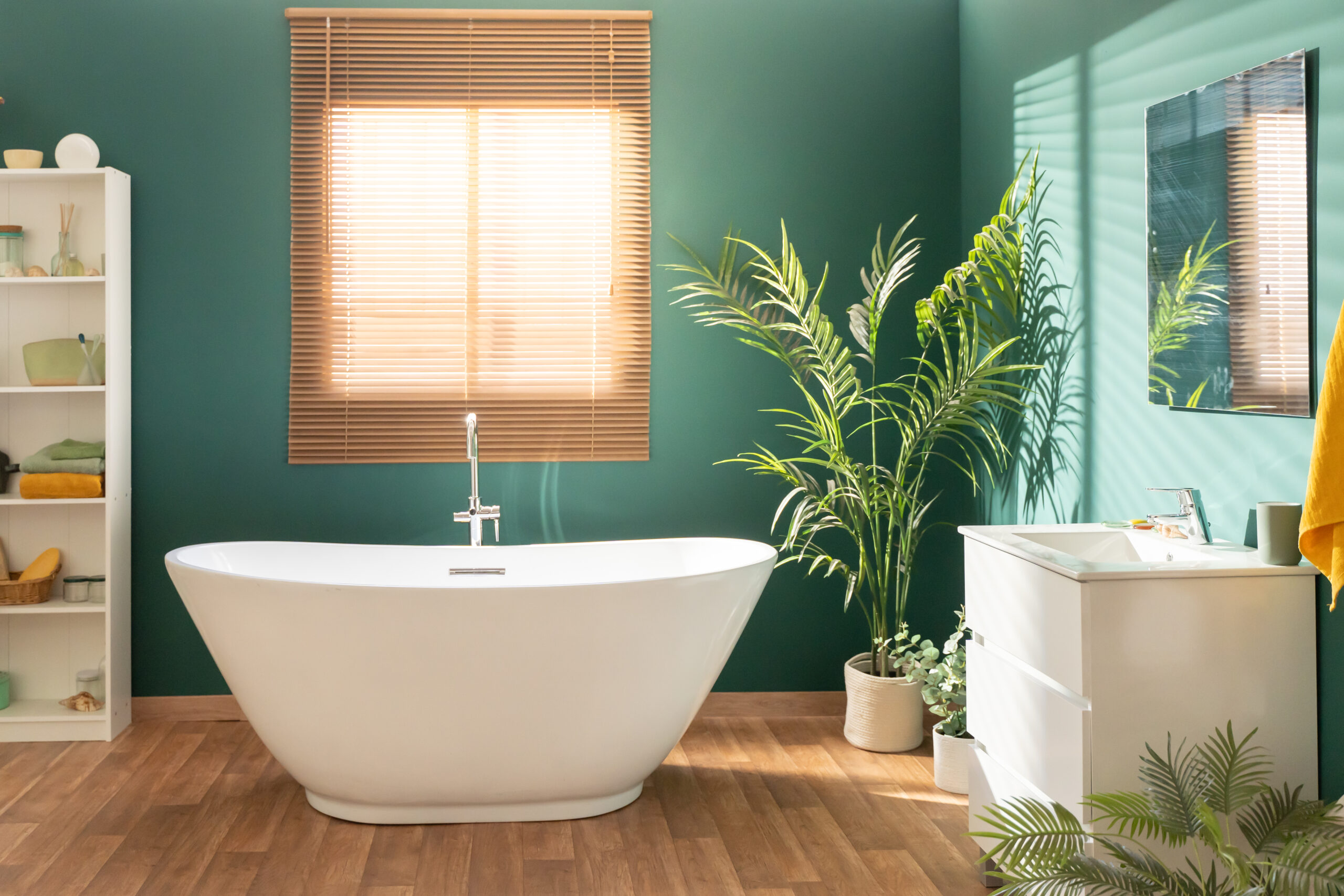 Cozy Empty Modern Bathroom Background elegant Decorations And Green Plants Indoors. Interior Design
