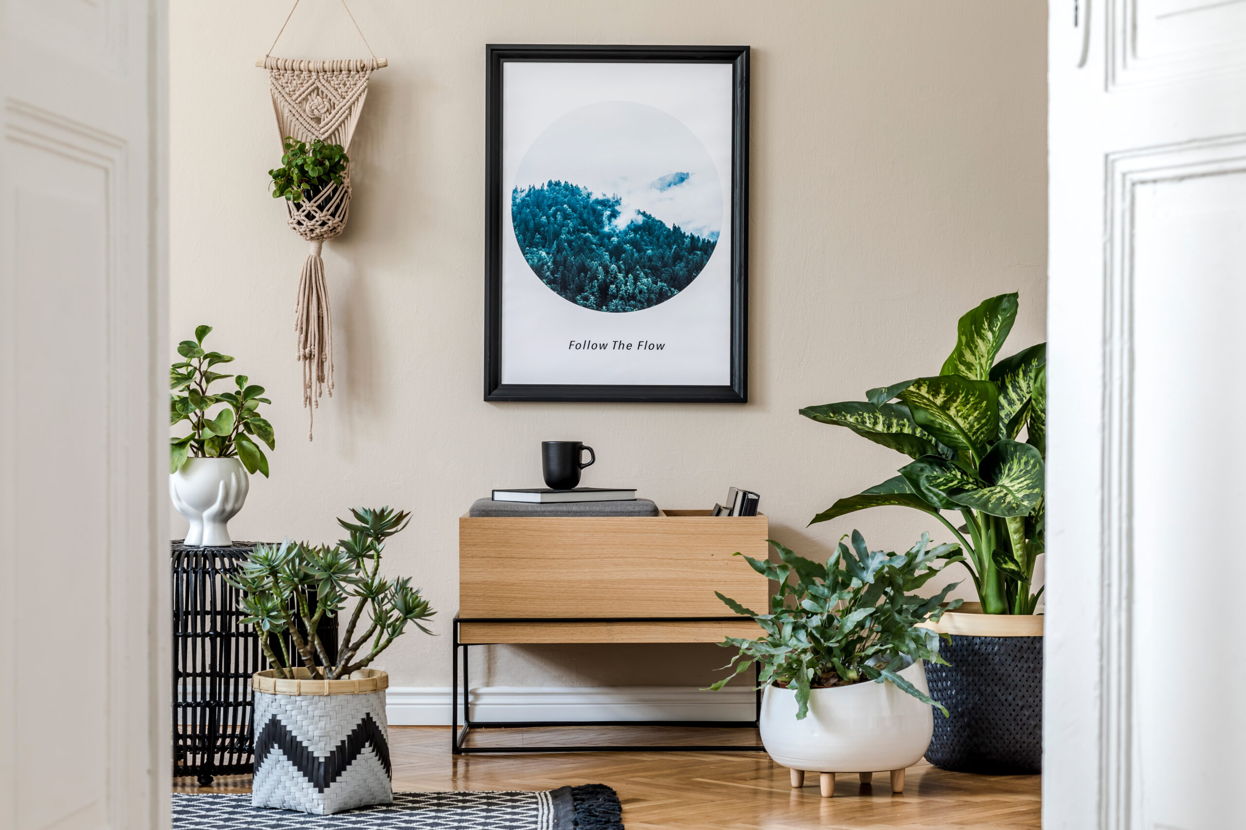 Creative composition of cozy and creative hall interior design w