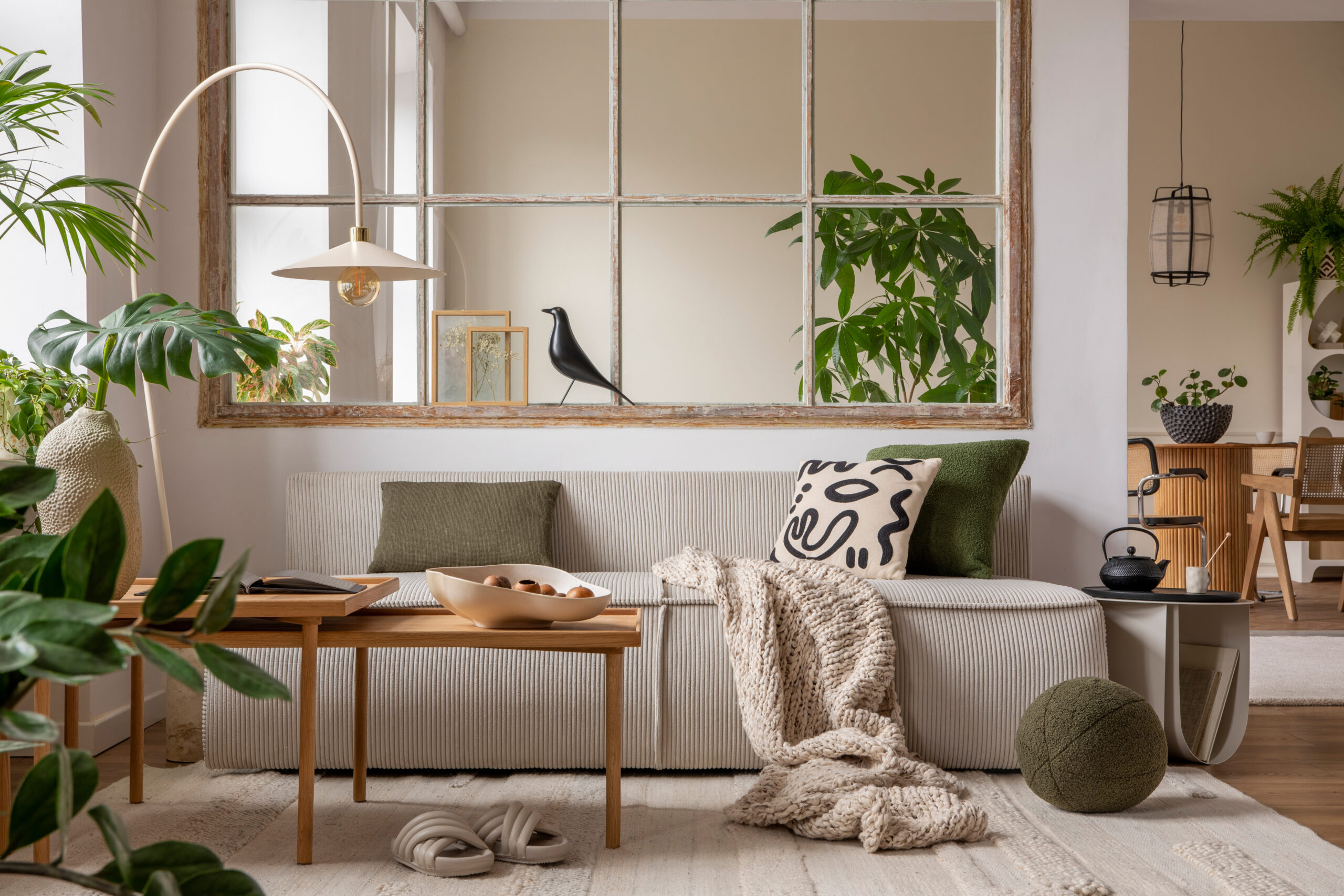 Open space interior with modular sofa, wooden coffee table, big