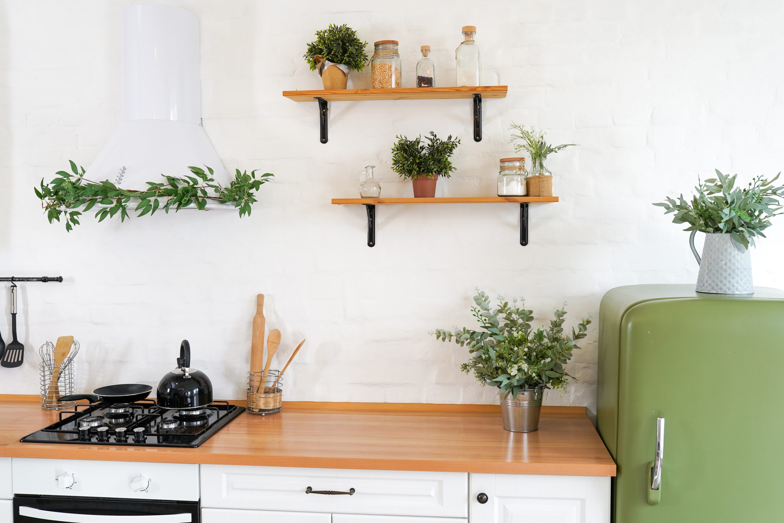 Green and white kitchen interior with plants and herbs, real photo