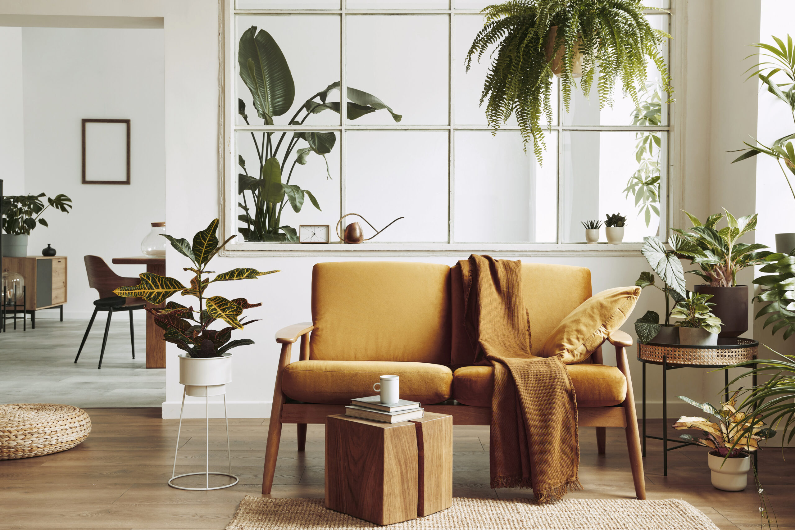 Interior design of scandinavian open space with yellow velvet so