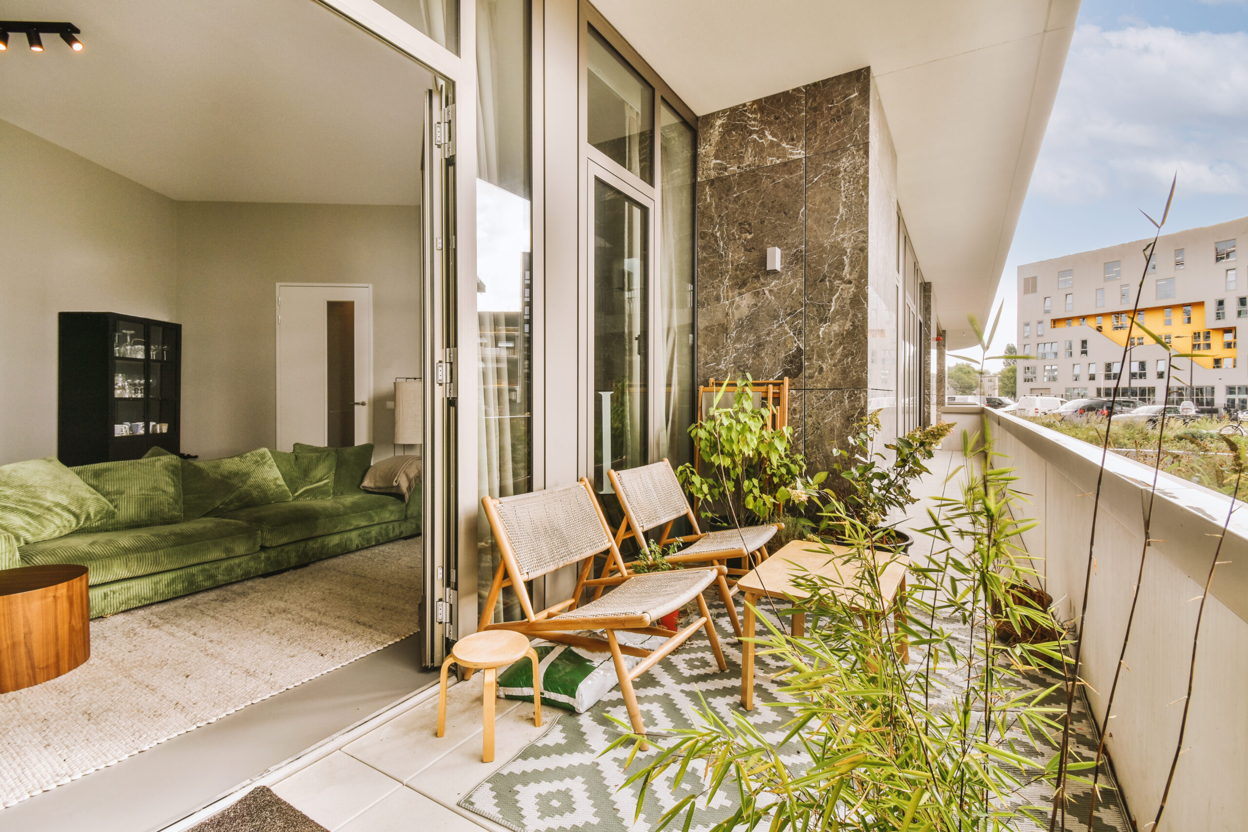Narrow balcony with chair and door