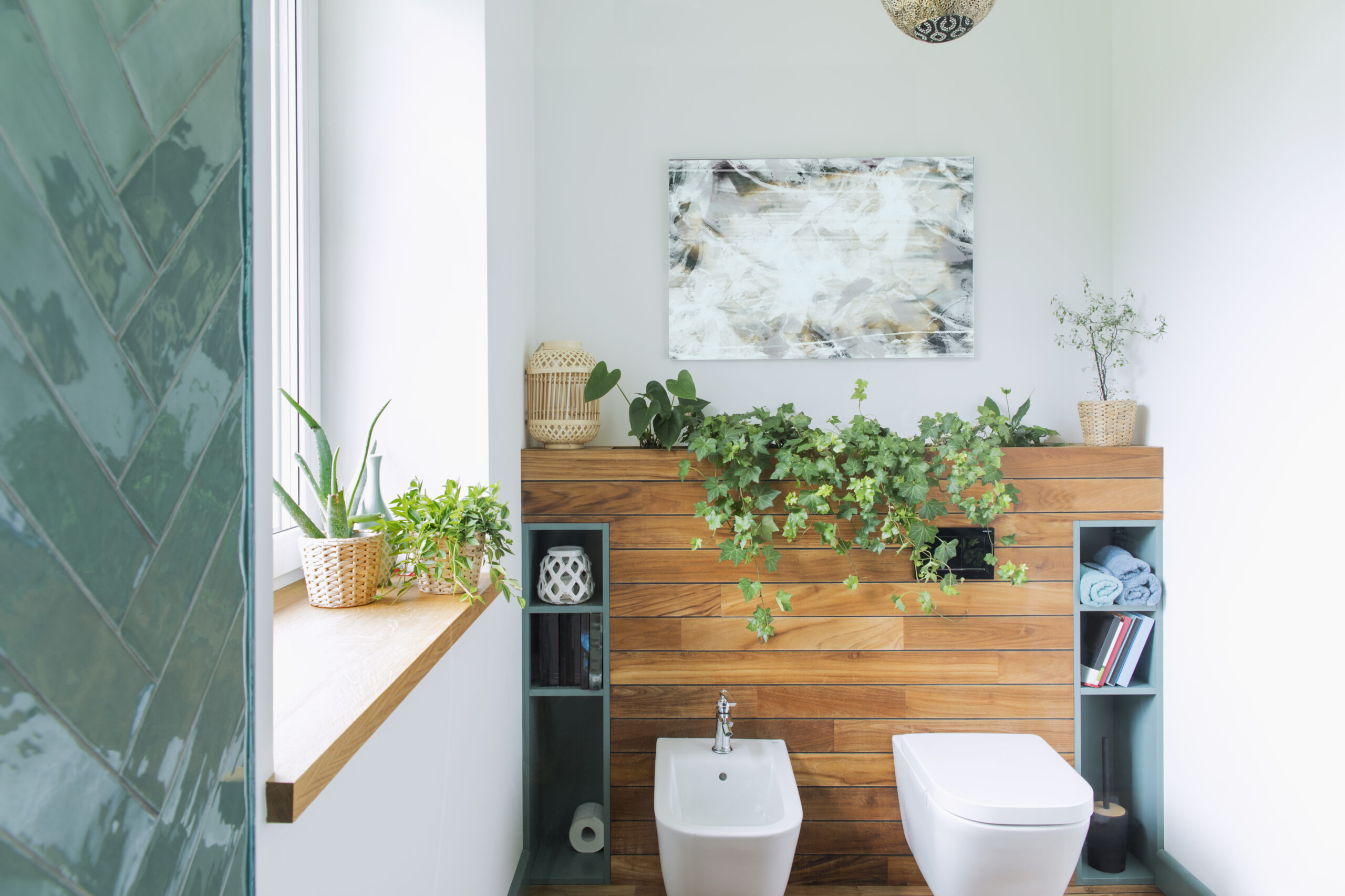 Stylish and creative bathroom interior design with wooden floor,